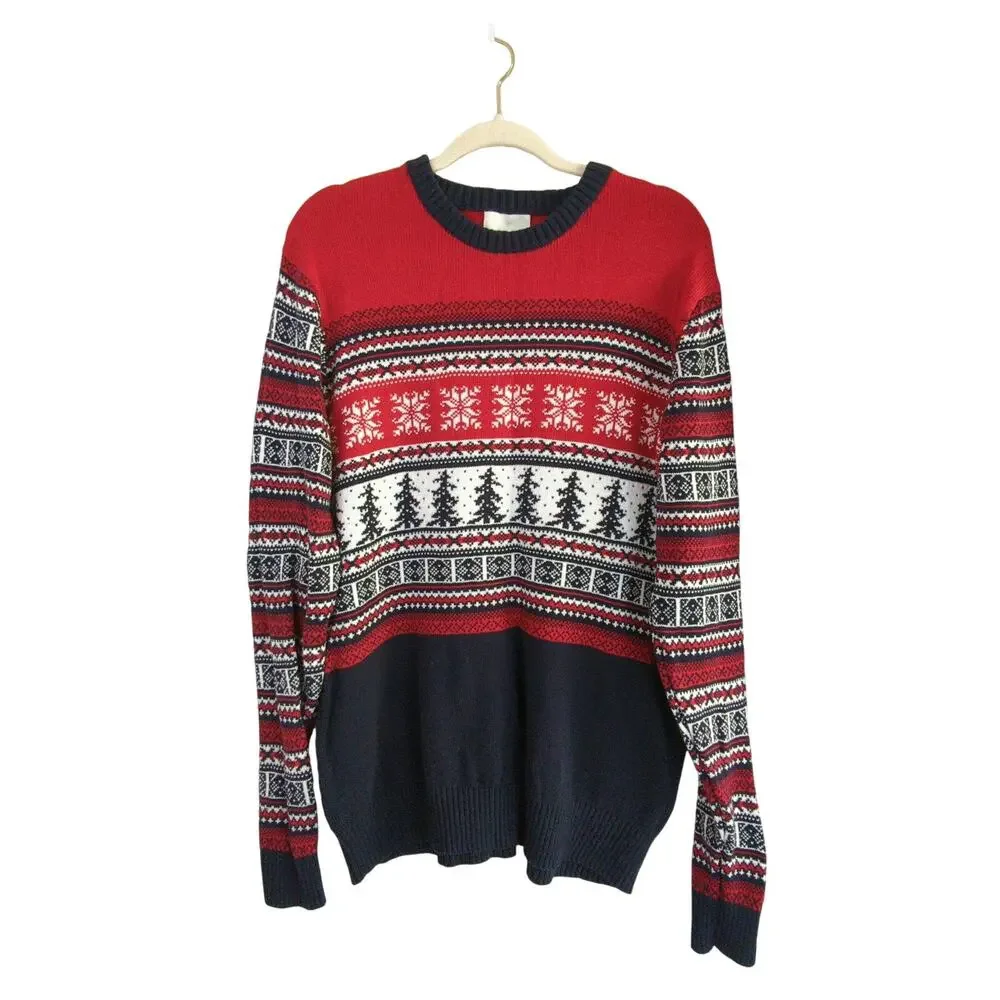 Aspen Sweater Mens Large Red Fair Isle Cotton Nordic Christmas Crew Neck